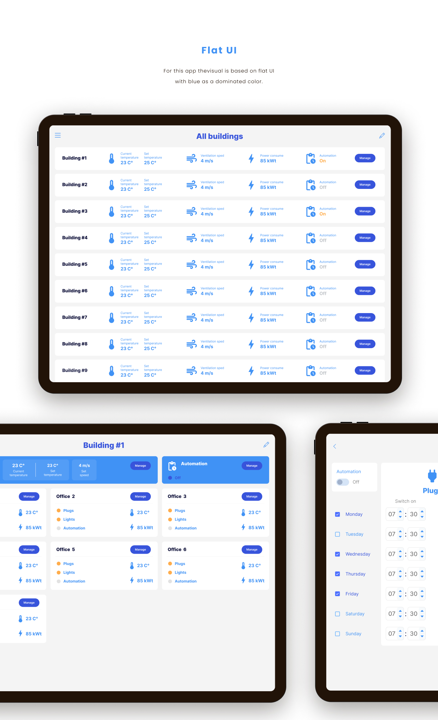 Flat UI — buildings list and office detail screens