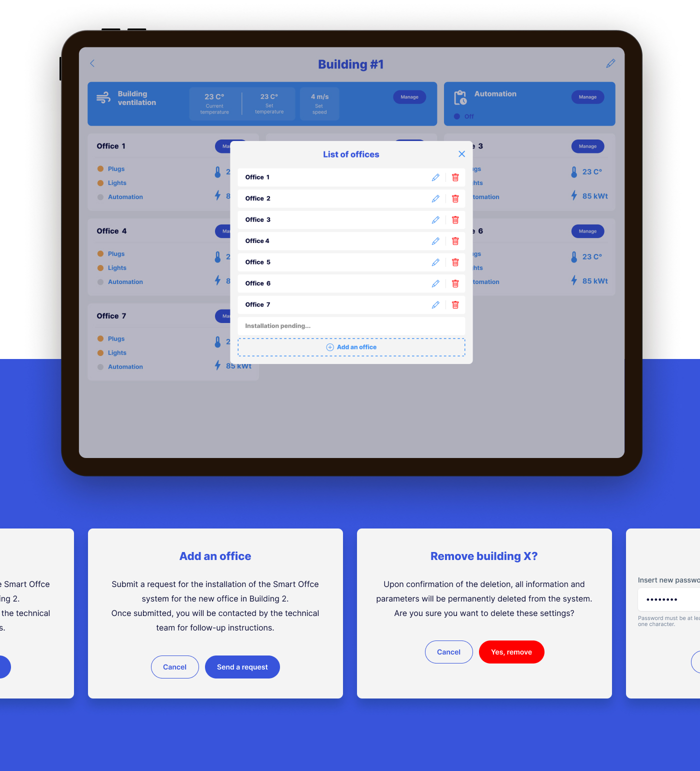 Feature screens — office management modals and interactions